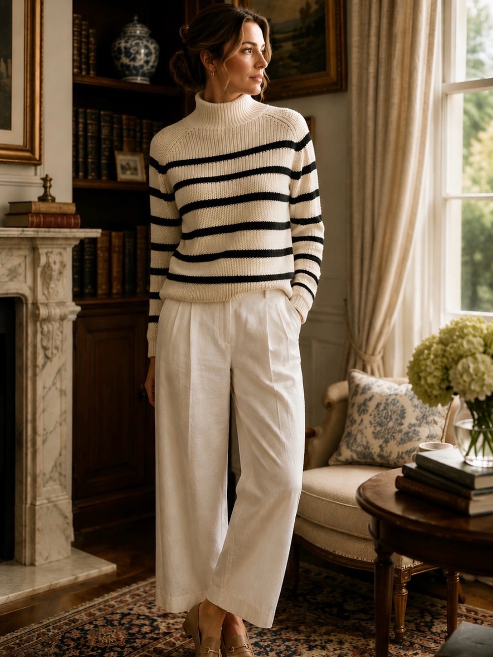 Talbots Navy and Cream Striped Turtleneck Sweater